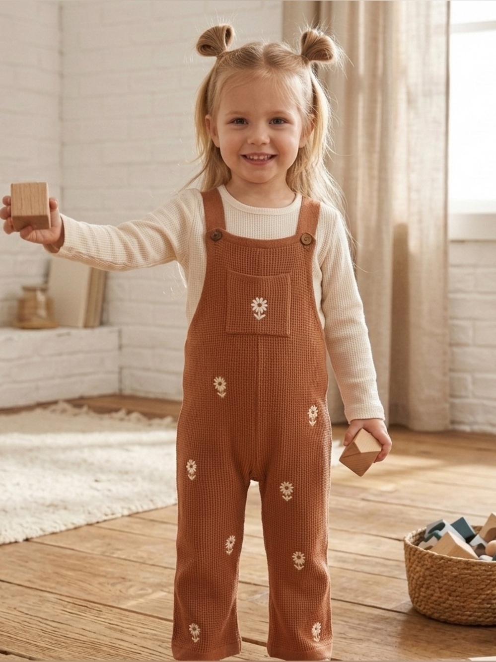 5T Modern Moments Waffle Knit Overalls with Daisy Sunflower Embroidery